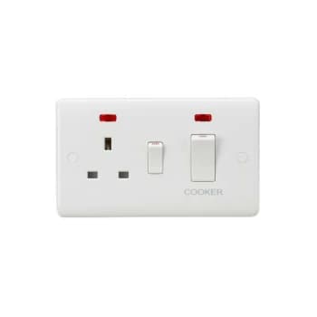 Curved Edge 45A DP Cooker Switch and 13A Socket with Neons (White Rocker) - Knightsbridge