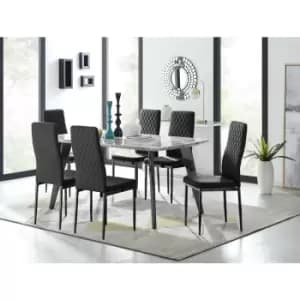 Furniturebox Andria Black Leg Marble Effect Dining Table and 6 Black Velvet Milan Dining Chairs With Black Legs