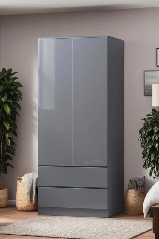 FWStyle FWStyle Grey Gloss 2 Door Wardrobe With 2 Drawers Scratch Resistant Grey One Size Unisex 5056413127587