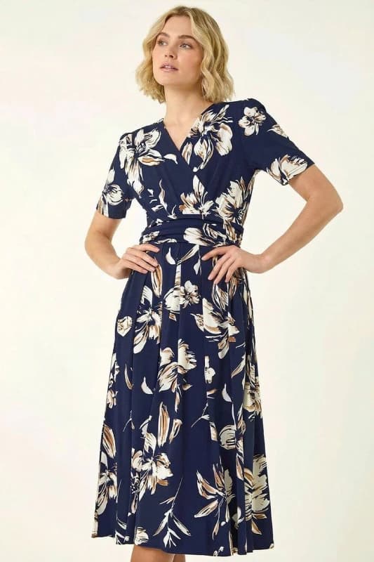 Roman Womens Floral Wrap Midi Dress in Navy Size: 12 Navy Female 12