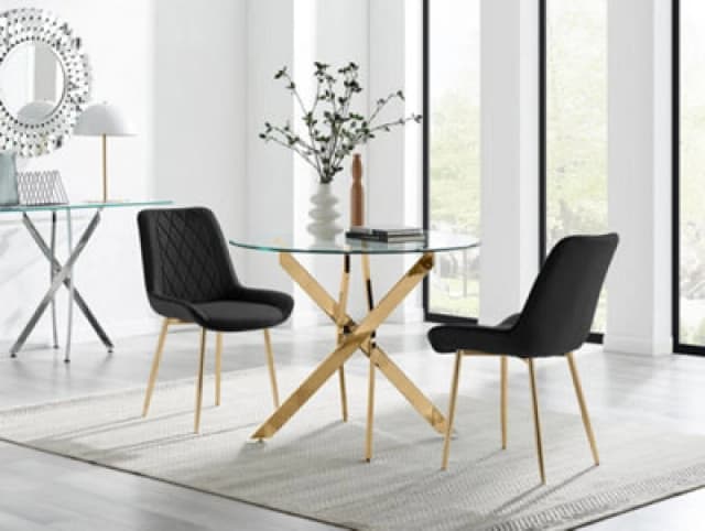 FurnitureboxUK FurnitureboxUK Novara 100cm Round Gold Leg Dining Table & 2 Pesaro Gold Leg Chairs in Black One Size Unisex 5056784304631