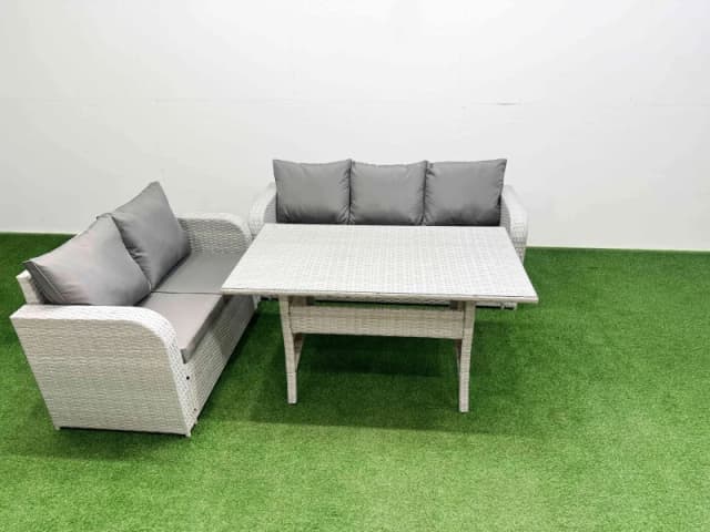 Fimous 5 Seater PE Rattan Wicker Garden Furniture Patio Conservatory Sofa Set with Rectangular Dining Table 3 Seater Sofa Love Sofa Light Grey