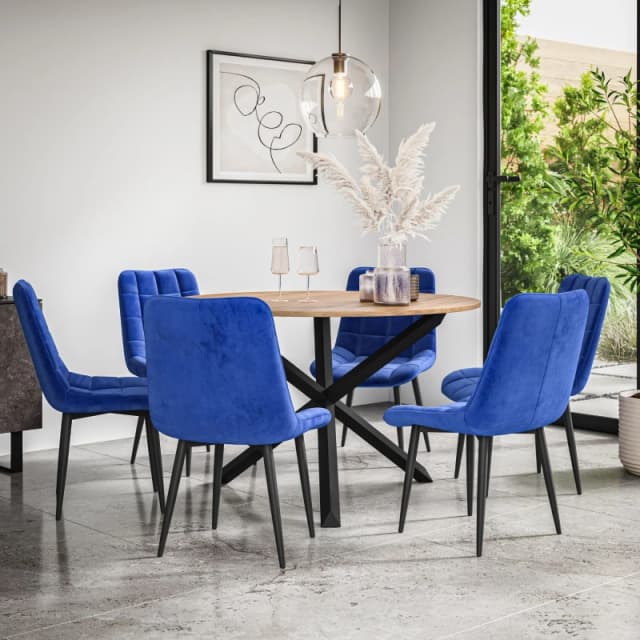 More4Homes Malvern Round Dining Table And Chairs - Oak Table Top W Solid Black Oak Legs + Nova Velvet Dining Chair Set Of 6 (Blue)