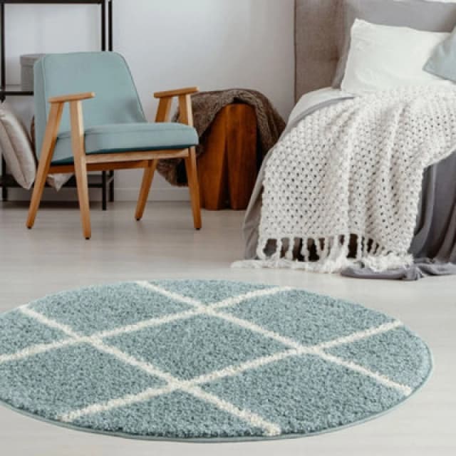 THE RUGS Soft Diamond Shaggy Rugs & Runners Duck Egg Blue Living Room Size: 120cm diameter Duck Egg Blue Unisex 120cm diameter