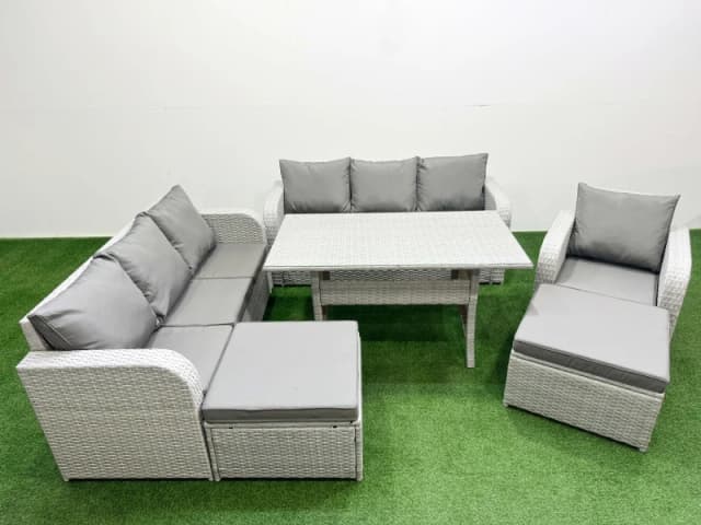Fimous 9 Seater Poly Rattan Outdoor Garden Furniture Rectangular Dining Table Sofa Set Patio 3 Seater Sofa Reclining Chair 3 Seater Sofa 2 Big Footsto