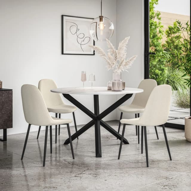 More4Homes Malvern Round Dining Table And Chairs - Marble Table Top W Solid Oak Black Legs + Maya Boucle Dining Chair Set Of 4 (Ivory White)