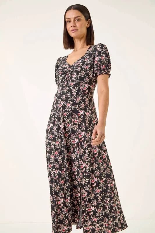 Roman Womens Rose Print Ruched Midi Dress in Black Size: 10 Black Female 10
