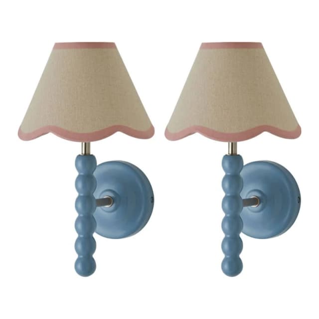 ValueLights Bobbins Pair of Blue Wall Lights with Linen Trim Lamp Shades & Bulbs in Pale Pink Pale Pink Unisex