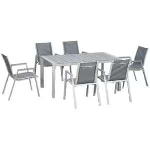 Outsunny 7 Pieces Garden Dining Set, Outdoor Table and 6 Armchairs, Aluminium Frame Slatted Wood Grain Plastic Top Table Mesh Fabric Seats Light Grey