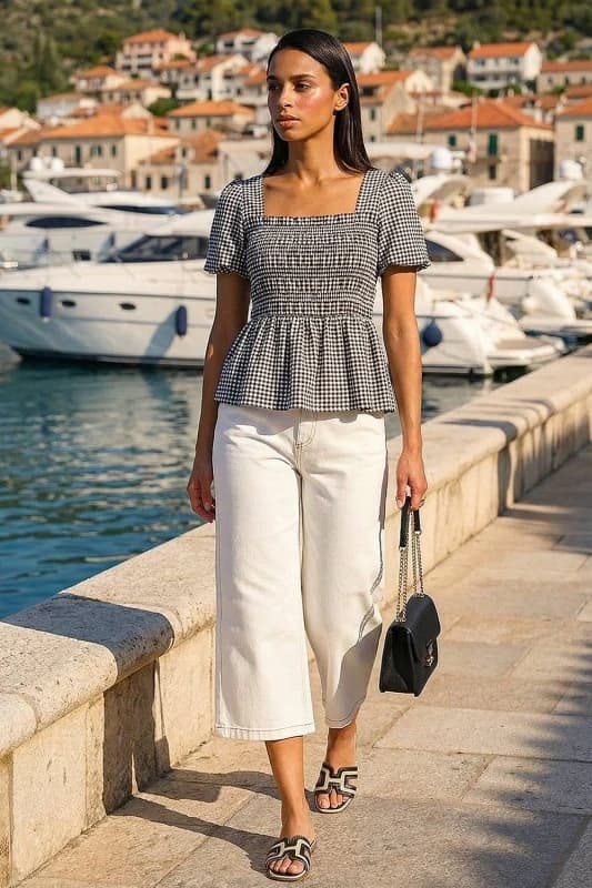 Dusk Womens Gingham Shirred Peplum Top in Black Size: 10 Black Female 10