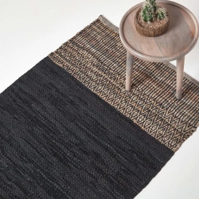 Homescapes Black Recycled Leather Handwoven Herringbone Rug, 90 X 150 Cm