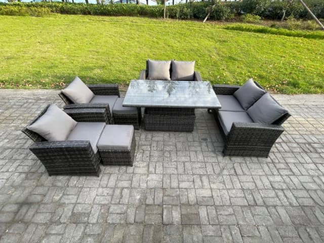 Fimous Rattan Garden Furniture Sets Patio Outdoor Rising Lifting Table Sofa Set with Double Seat Sofa 2 Small Footstools in Dark Grey Dark Grey Unisex
