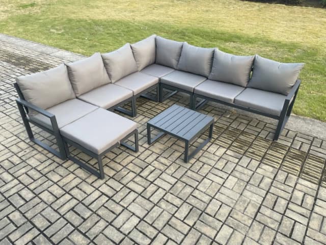 Fimous Outdoor Garden Furniture Patio Lounge Corner Sofa Aluminium Set with Square Coffee Table Big Footstool Dark Grey Dark Grey Unisex