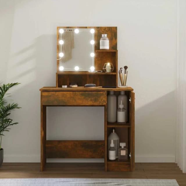 vidaXL Dressing Table with LED Smoked Oak 86.5x35x136 cm, Brown 820484