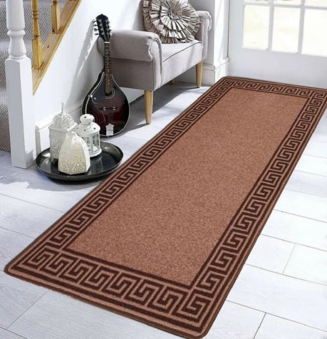 Smart Living Smart Living Greekey Heavy Duty Machine Washable Hallway Kitchen Non Slip Door Mat in Brown Size: 80cm x 300cm Brown 80cm x 300cm Unise