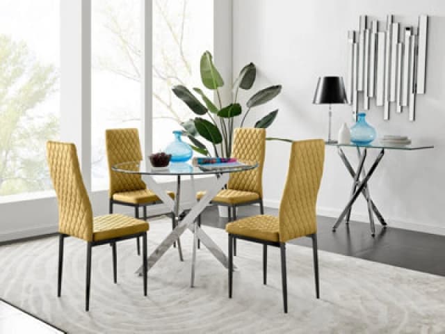 FurnitureboxUK FurnitureboxUK Novara 100cm Round Dining Table and 4 Velvet Milan Black Leg Chairs in Mustard Mustard One Size Unisex 5056657153762