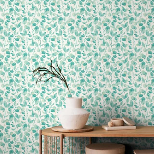 Hoopla Walls Watercolour Leaves - Aqua & Chalk 10M Wallpaper