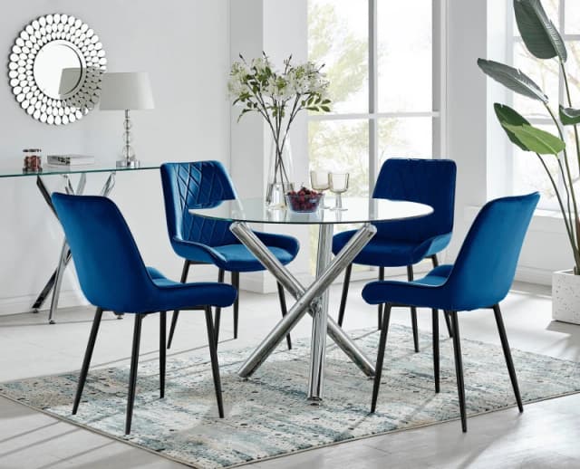 FurnitureboxUK FurnitureboxUK Selina Round Glass Chrome Leg Dining Table and Pesaro Black Leg Chairs in Navy Size: 4 Person Navy 4 Person Unisex 505