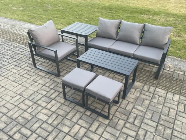 Fimous Aluminium 6 Pieces Garden Furniture Sofa Set with Cushions 6 Seater Outdoor Patio Set with Armchair 2 Small Footstools Side Table in Dark Grey