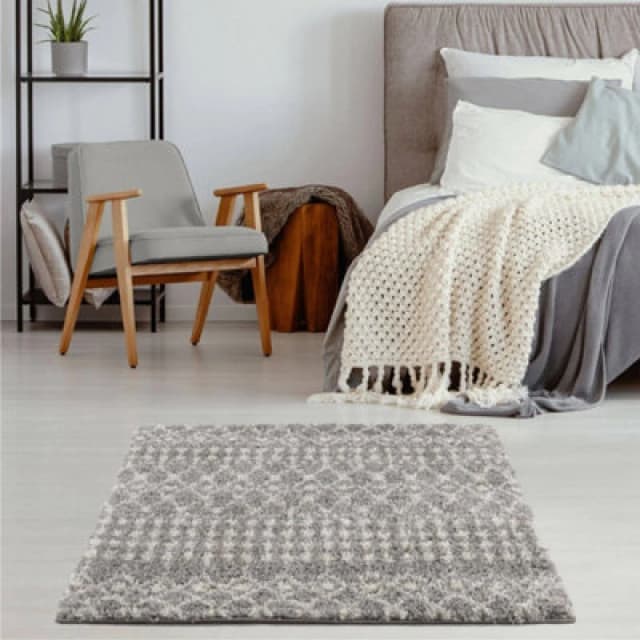 THE RUGS Soft Moroccan Diamond Shaggy Rugs & Runners Grey Ivory Living Room Size: 120cm x 120cm Grey Unisex 120cm x 120 cm