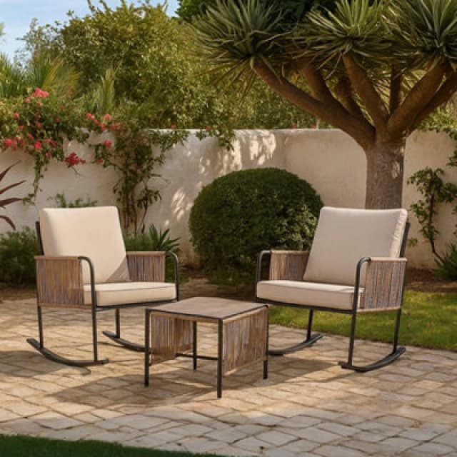 Teamson Home Outdoor Garden Table And Rocking Chair Furniture Set, Beige