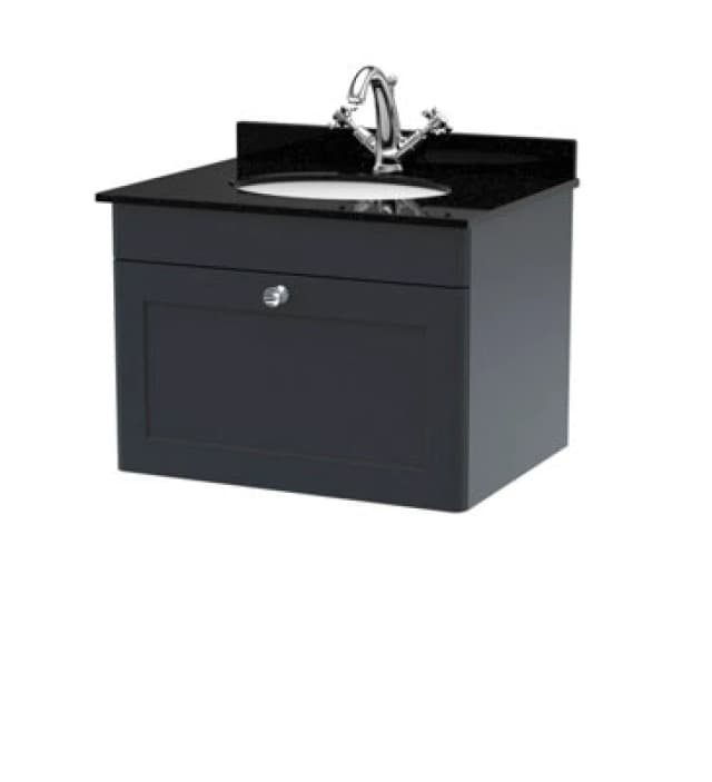 Nuie Classique Wall Hung 1 Drawer Unit & 1 Tap Hole Black Marble Top With Oval Basin, Sink Vanity Unit In Soft Black With White
