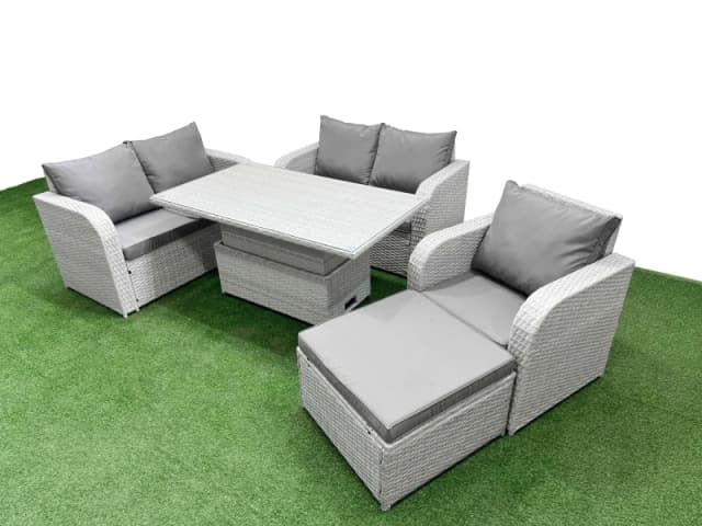 Fimous High Back Poly Rattan Garden Furniture Set with Adjustable Lifting Dining or Coffee Table Indoor Outdoor Patio Set Big Stool
