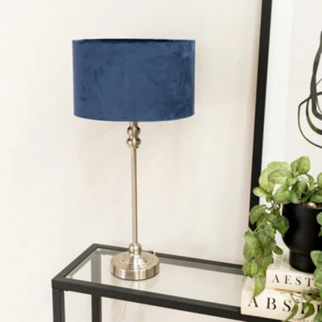 ValueLights Maggie Brushed Chrome Candlestick Slim Table Lamp with Velvet Drum Lamp Shade Navy