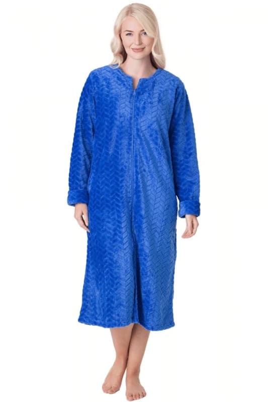 Camille Supersoft Zip Front Embossed Housecoat Blue