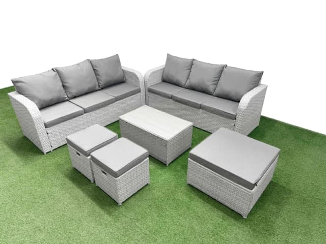 Fimous Outdoor Garden Furniture Sets 9 Seater Wicker Rattan Furniture Sofa Sets with Rectangular Coffee Table high Back Lounge Sofa 3 Stools Light Gre