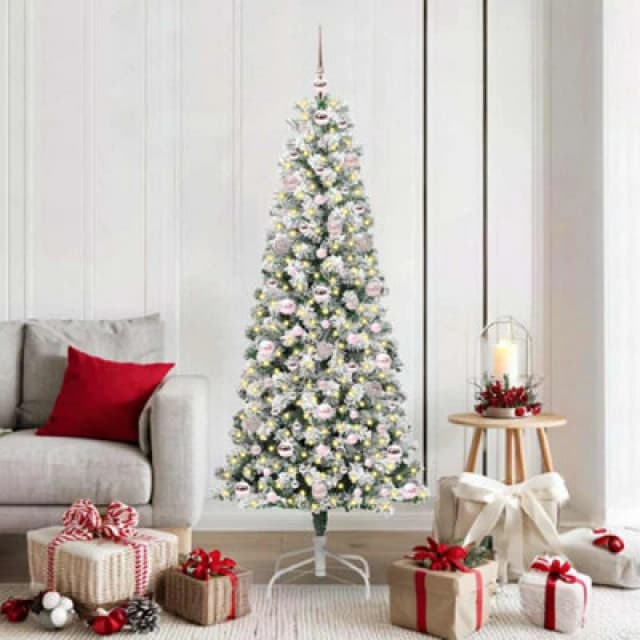 vidaXL Artificial Hinged Christmas Tree with Pink Balls Green and white 180 cm, Green 3395597