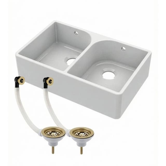 Balterley Fireclay Butler Kitchen Sink, Tap Ledge & Brushed Brass Wastes, 795mm in White White Unisex