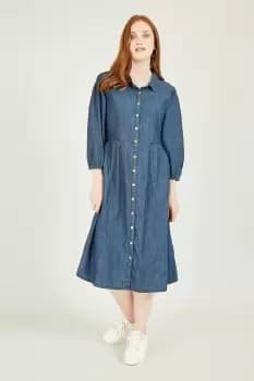 Chambray Shirt Dress With Puff Sleeves