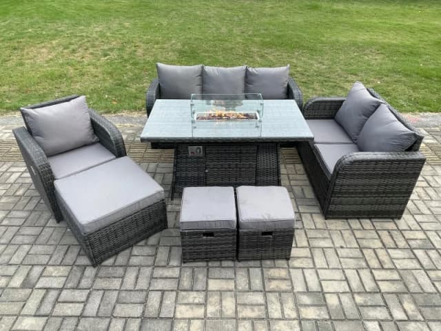 Fimous Rattan Garden Furniture Set with Fire Pit Table 9 Seater Outdoor Lounge Sofa Set Dark Grey Mixed Dark Grey