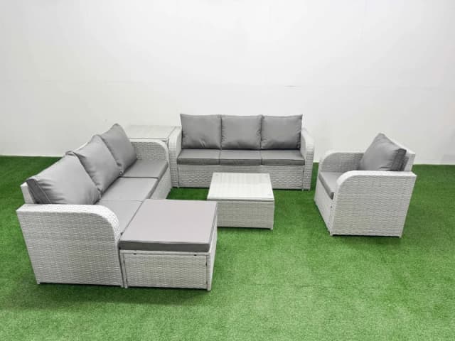 Fimous 8 Seater Poly Rattan Outdoor Garden Furniture Square Coffee Table Sofa Set Patio 3 Seater Sofa Reclining Chair 3 Seater Sofa Big Footstool Side