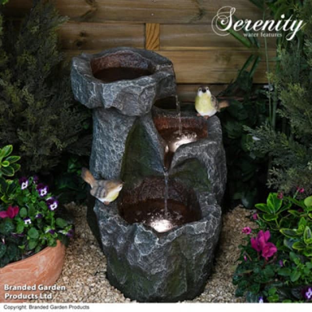 Garden Gear Serenity Cascading Rock Water Feature With Two Birds LED Lighting Self Contained