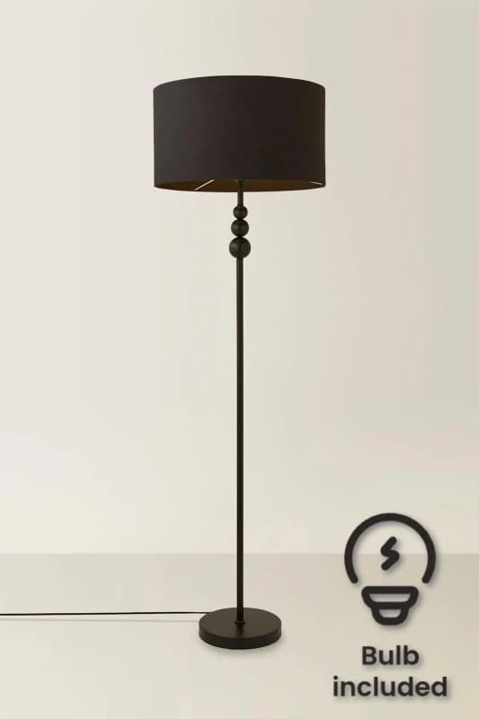 ValueLights Marissa Fabric Drum Shade with Black Stacked Ball Floor Lamp and LED Bulb Black