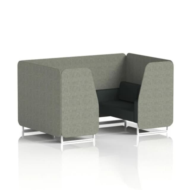 Brixworth 4 Seater Office Booth with Front Panel - White Legs in Rivet Fabric - Vitreous Panels and Charcoal Sofa