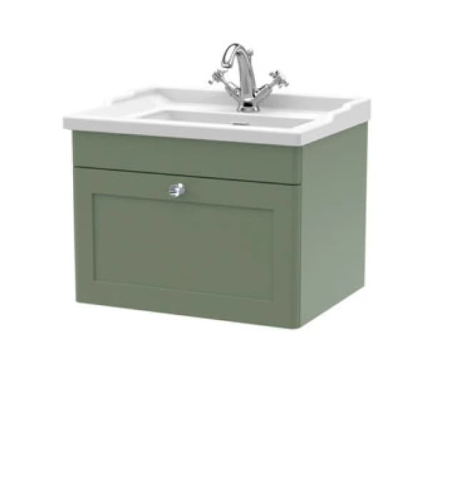 Classique Wall Mounted 1 Drawer Vanity Unit with Ceramic Basin Satin Green