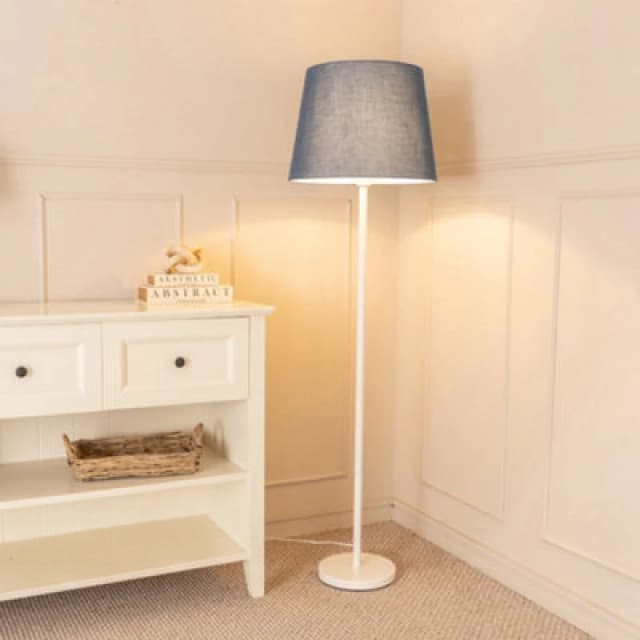 ValueLights Charlie White Metal Single Stem Floor Lamp with Fabric Tapered Lamp Shade Grey