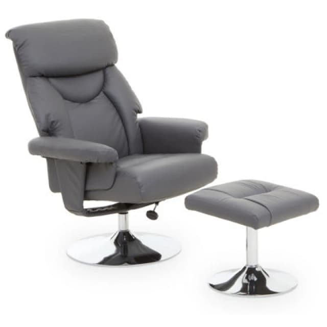 Orsina Comfortable Grey Leather Effect Reclining Chair And Footstool, Easy To Clean Leather Chair, Comfy Footstool