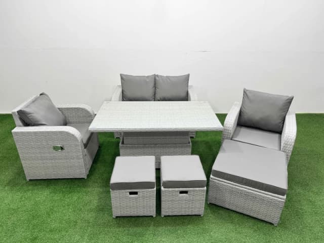 Fimous Light Grey PE Wicker Rattan Garden Furniture Set Sofa Set Reclining Chair Adjustable Lifting Dining or Coffee Table 7 Seater 3 Stools Light Gr