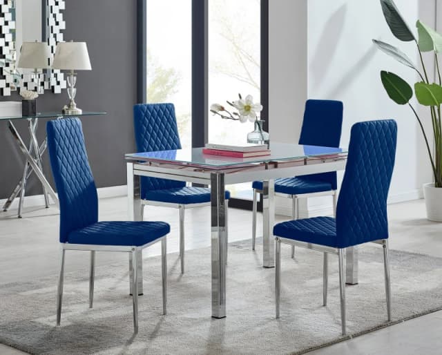 FurnitureboxUK FurnitureboxUK Enna White Glass Extending 4-6 Seater Dining Table and 4 Milan Soft Velvet Chairs in Navy Navy One Size Unisex 505665714
