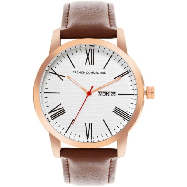 French Connection Rose Case Round Shape Brown Strap Quartz Watch White male One Size