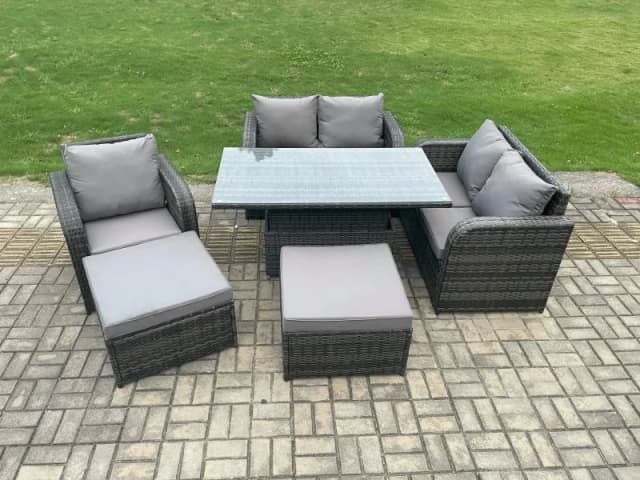 Fimous 7 Seater Rattan Furniture Garden Dining Set Outdoor Height Adjustable Rising lifting Table Love Sofa Chair With 2 Big Footstool Dark Grey
