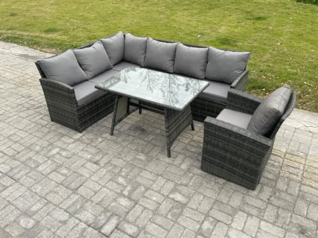 Fimous Wicker Rattan Garden Furniture Corner Sofa Set with Oblong Dining Table Armchair Outdoor Rattan Set in Dark Grey Dark Grey Unisex