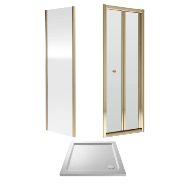 Balterley Bi-Fold Shower Door, Side Panel and Shower Tray 700mm Brushed Brass White