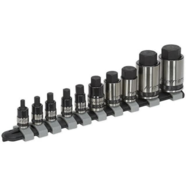 Loops 10pc STUBBY Hex Socket Bit Set - 1/4" 3/8" & 1/2" Square Drive Short Shaft Allen Multi
