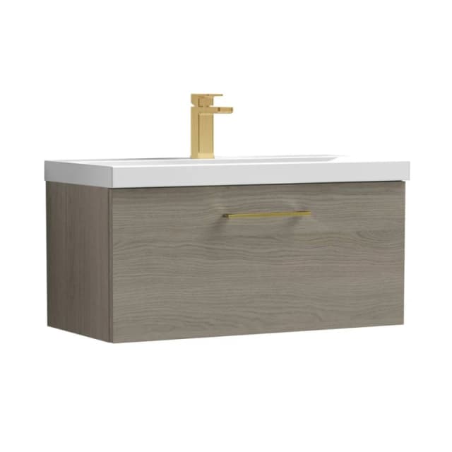 Balterley 800mm Wall Hung 1 Drawer Vanity Basin Unit, Mid Oak, Brass Handle in Brown Brown Unisex