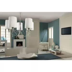 Lucca pendant lamp 5 bulbs E27, polished chrome with white lampshades & transparent crystal